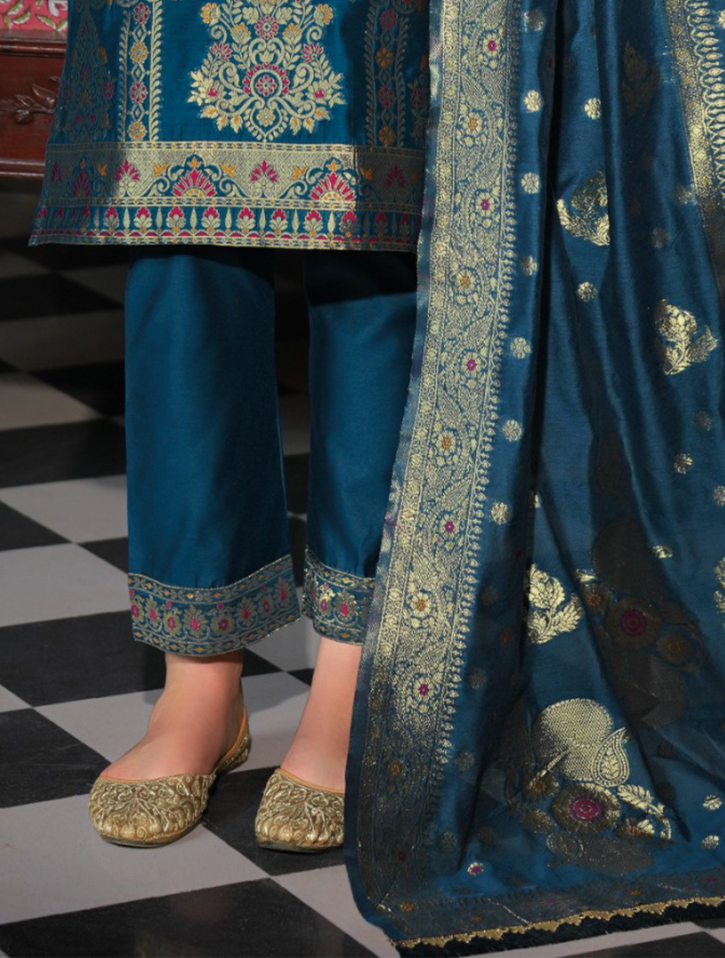 Teal Banarasi Jacquard Silk Embroidered Stitched Suit Set