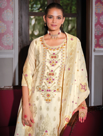 Load image into Gallery viewer, Cream Banarasi Jacquard Silk Embroidered Stitched Suit Set
