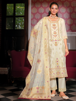 Load image into Gallery viewer, Cream Banarasi Jacquard Silk Embroidered Stitched Suit Set
