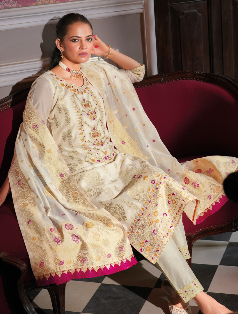 Cream Banarasi Jacquard Silk Embroidered Stitched Suit Set