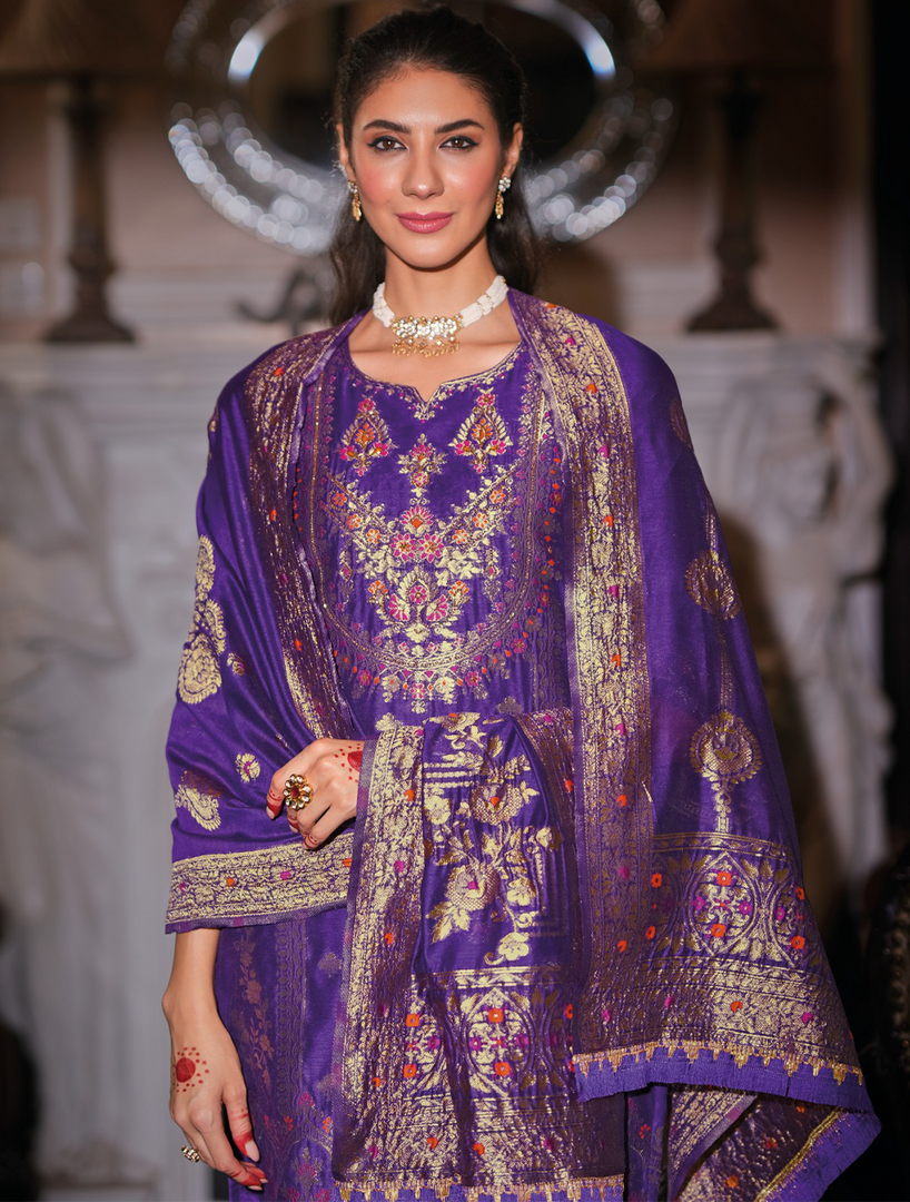 Purple Banarasi Jacquard Silk Embroidered Stitched Suit Set