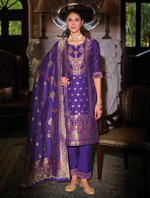 Load image into Gallery viewer, Purple Banarasi Jacquard Silk Embroidered Stitched Suit Set
