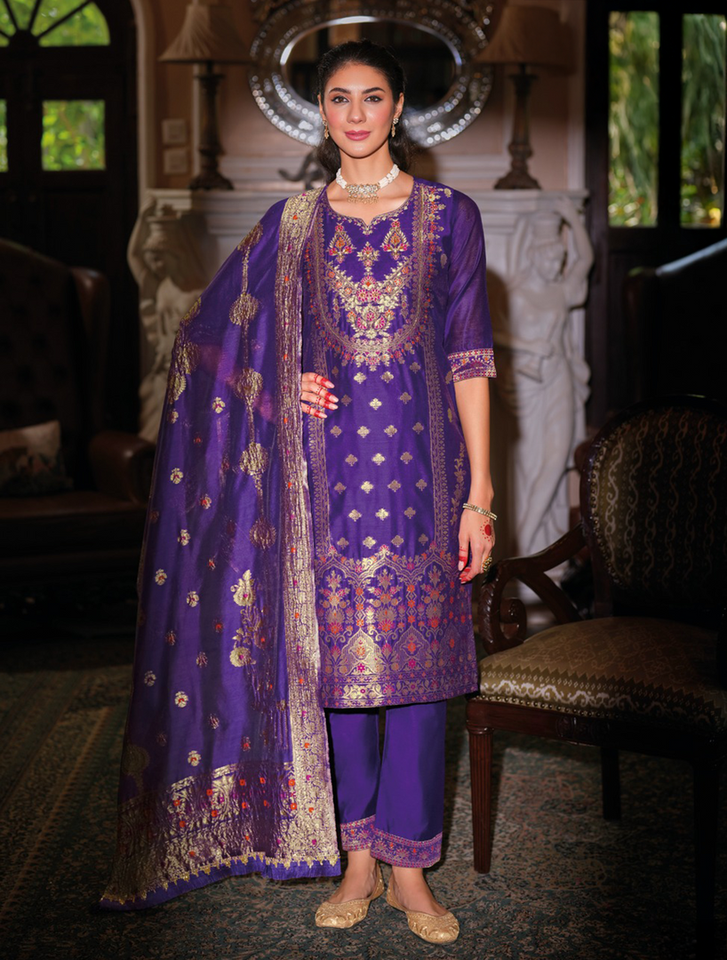 Purple Banarasi Jacquard Silk Embroidered Stitched Suit Set