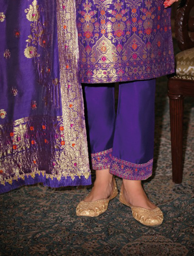 Purple Banarasi Jacquard Silk Embroidered Stitched Suit Set