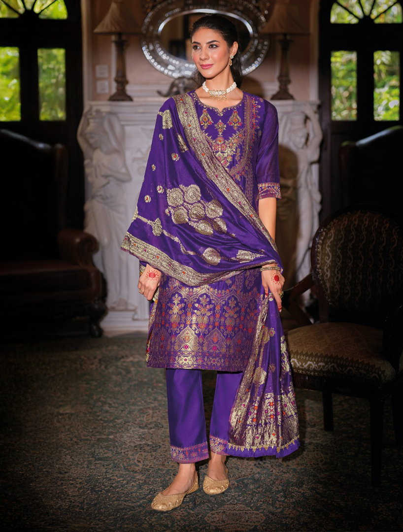 Purple Banarasi Jacquard Silk Embroidered Stitched Suit Set