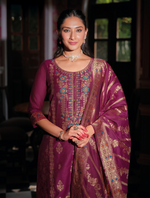 Load image into Gallery viewer, Wine Colour Banarasi Jacquard Silk Embroidered Stitched Suit Set
