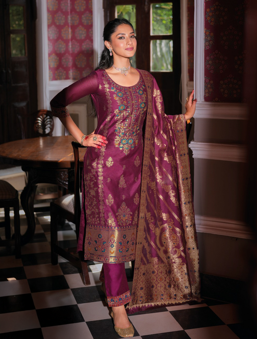 Wine Colour Banarasi Jacquard Silk Embroidered Stitched Suit Set