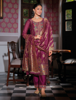 Load image into Gallery viewer, Wine Colour Banarasi Jacquard Silk Embroidered Stitched Suit Set
