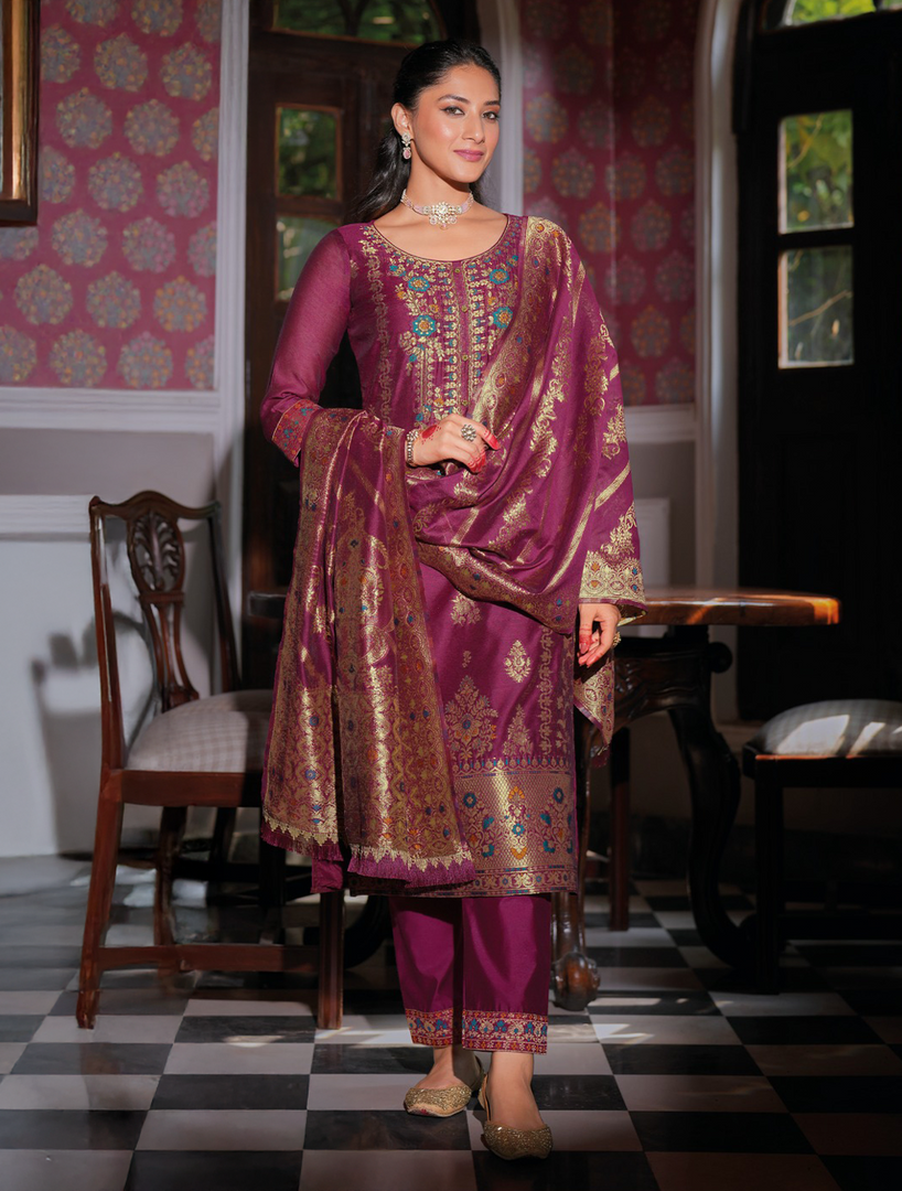 Wine Colour Banarasi Jacquard Silk Embroidered Stitched Suit Set