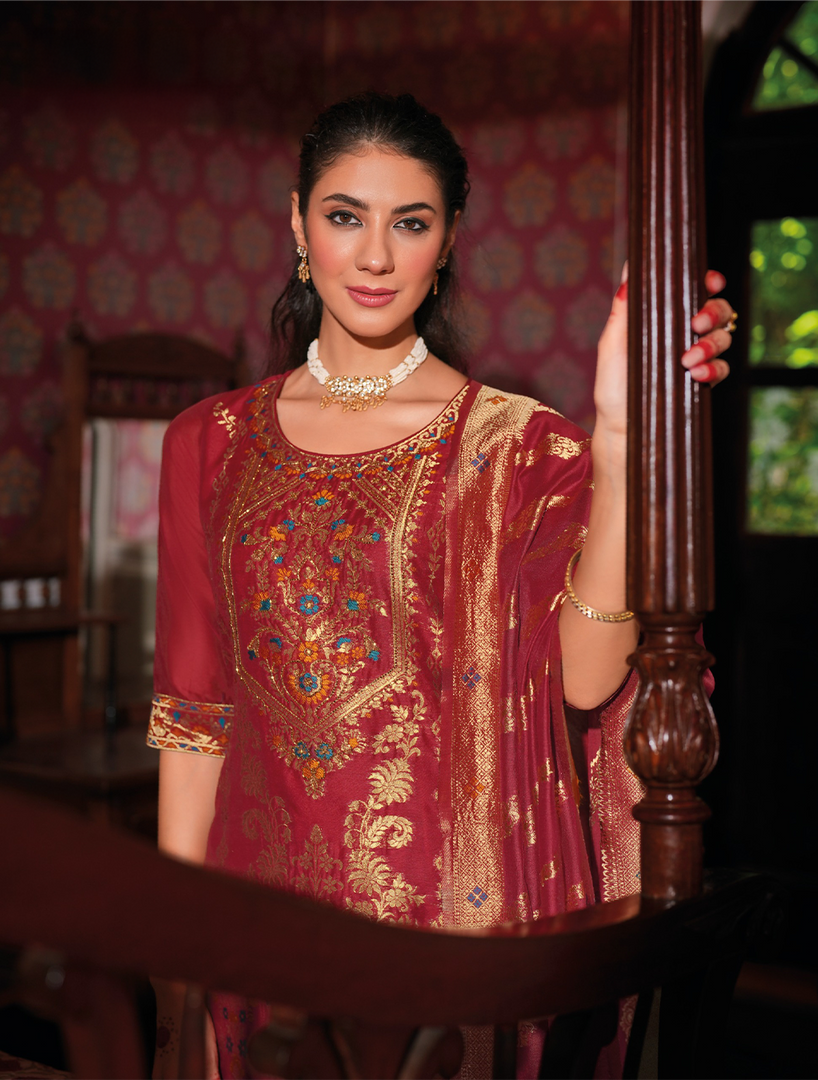 Maroon Banarasi Jacquard Silk Embroidered Stitched Suit Set