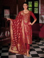 Load image into Gallery viewer, Maroon Banarasi Jacquard Silk Embroidered Stitched Suit Set
