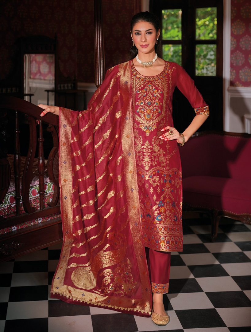 Maroon Banarasi Jacquard Silk Embroidered Stitched Suit Set