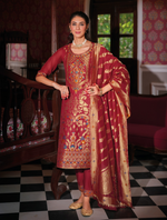 Load image into Gallery viewer, Maroon Banarasi Jacquard Silk Embroidered Stitched Suit Set
