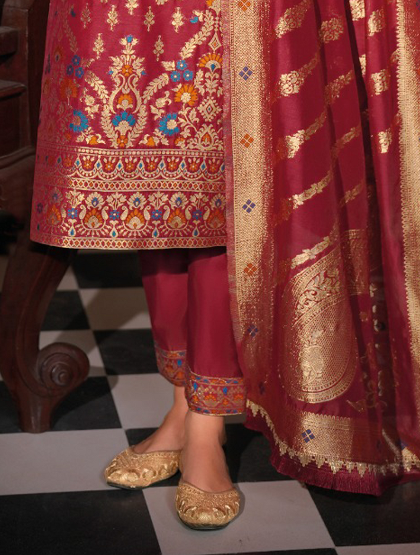 Maroon Banarasi Jacquard Silk Embroidered Stitched Suit Set