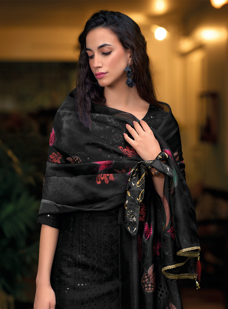 Black Schiffli Embroidered Organza Chikankari Kurta With Trousers & Dupatta