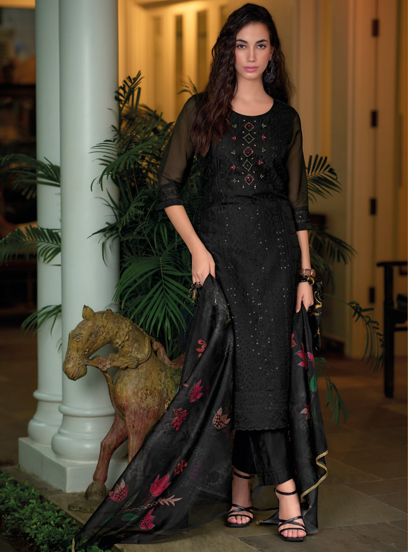 Black Schiffli Embroidered Organza Chikankari Kurta With Trousers & Dupatta