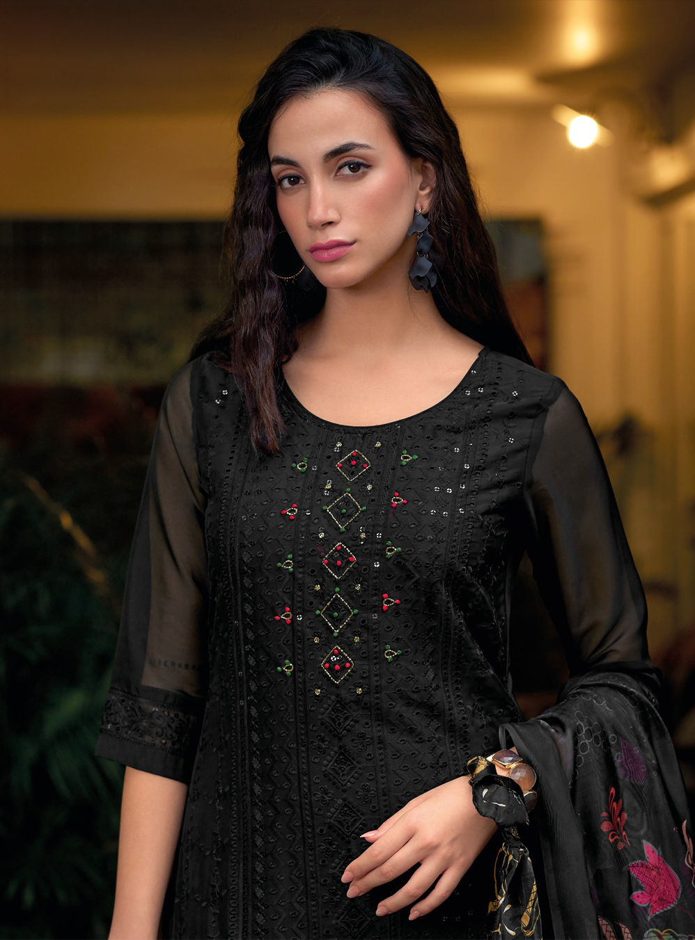 Black Schiffli Embroidered Organza Chikankari Kurta With Trousers & Du Azeenia Black Schiffli Embroidered Organza Chikankari Kurta With Trousers & Du Azeenia