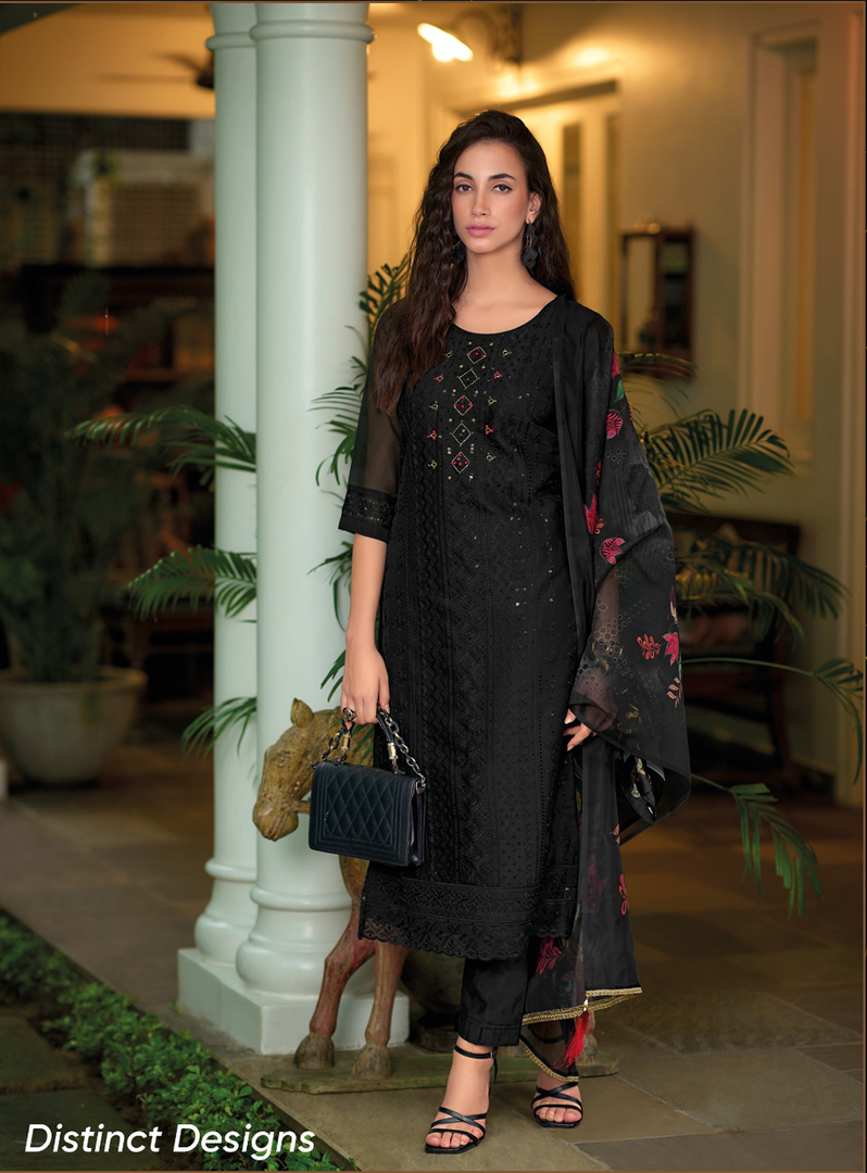 Black Schiffli Embroidered Organza Chikankari Kurta With Trousers & Dupatta