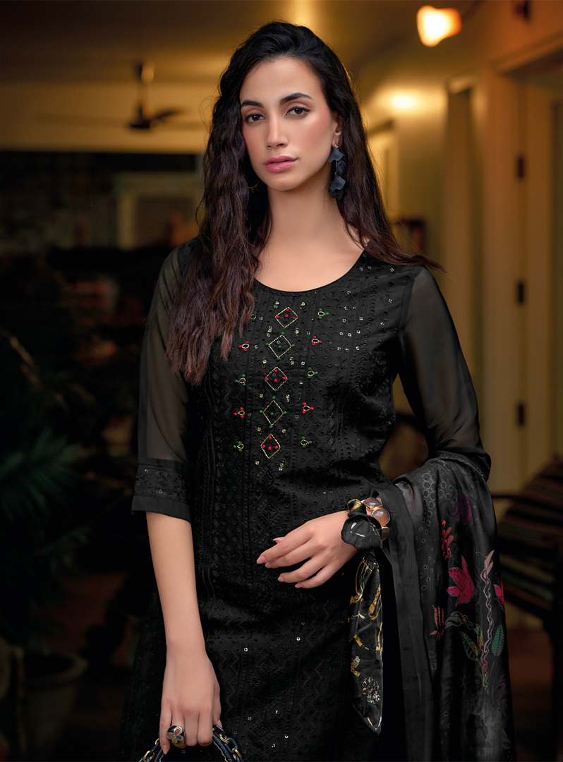 Black Schiffli Embroidered Organza Chikankari Kurta With Trousers & Dupatta