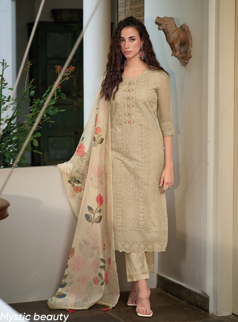 Cream Schiffli Embroidered Organza Chikankari Kurta With Trousers & Dupatta