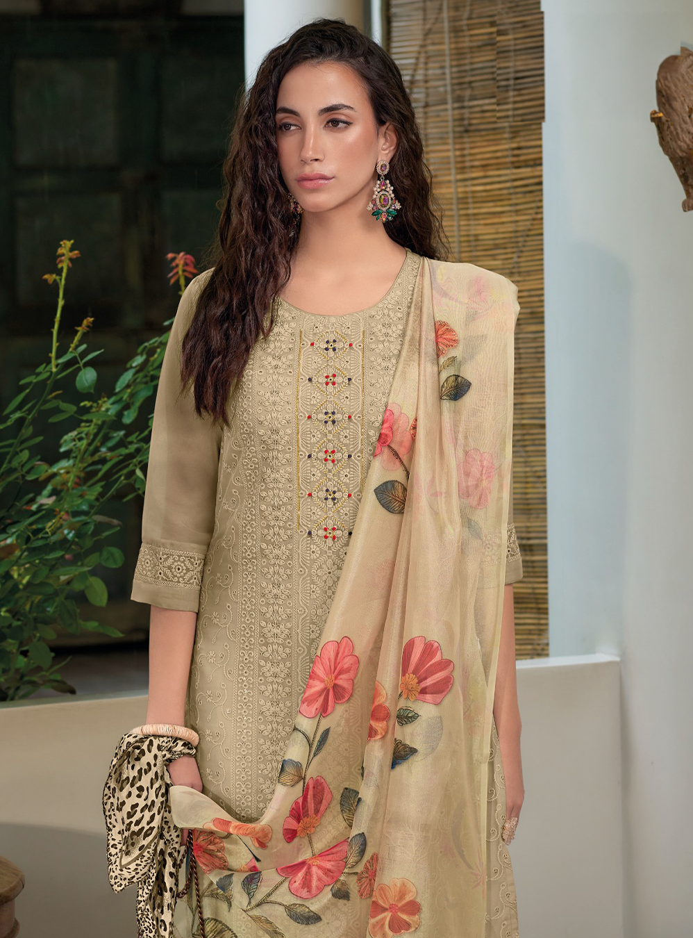 Cream Schiffli Embroidered Organza Chikankari Kurta With Trousers & Dupatta