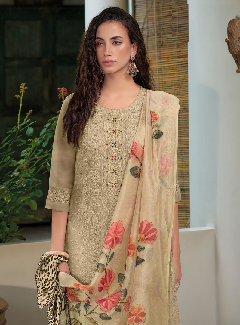 Cream Schiffli Embroidered Organza Chikankari Kurta With Trousers & Dupatta