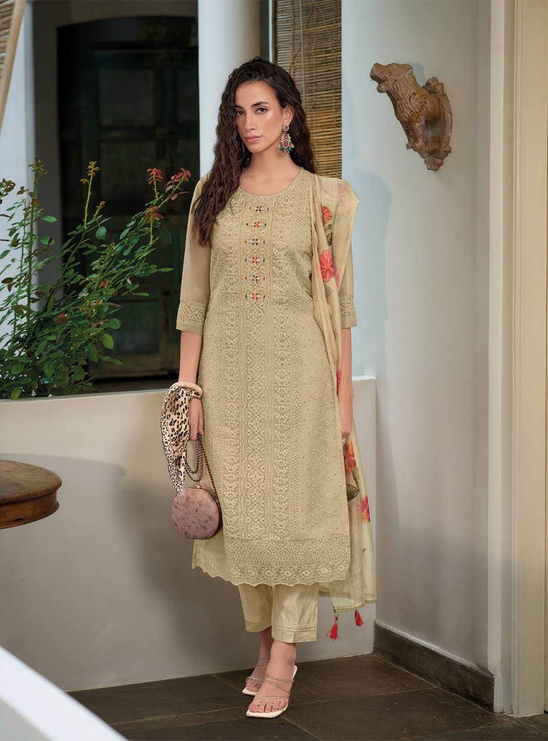 Cream Schiffli Embroidered Organza Chikankari Kurta With Trousers & Dupatta