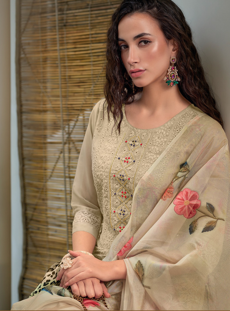 Cream Schiffli Embroidered Organza Chikankari Kurta With Trousers & Dupatta