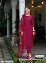 Load image into Gallery viewer, Magenta Pink Schiffli Embroidered Organza Chikankari Kurta With Trousers &amp; Dupatta
