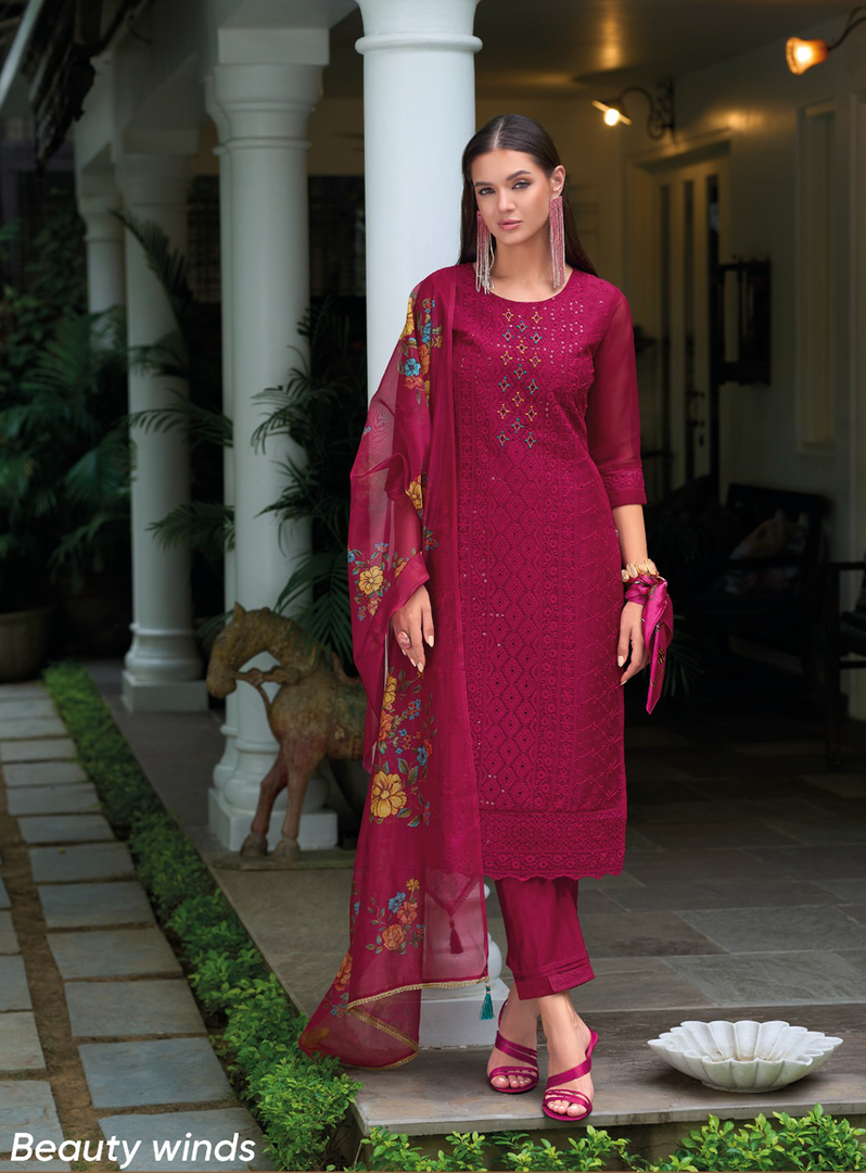 Magenta Pink Schiffli Embroidered Organza Chikankari Kurta With Trousers & Dupatta