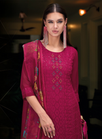 Load image into Gallery viewer, Magenta Pink Schiffli Embroidered Organza Chikankari Kurta With Trousers &amp; Dupatta
