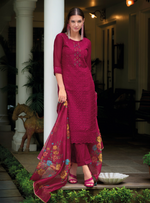 Load image into Gallery viewer, Magenta Pink Schiffli Embroidered Organza Chikankari Kurta With Trousers &amp; Dupatta
