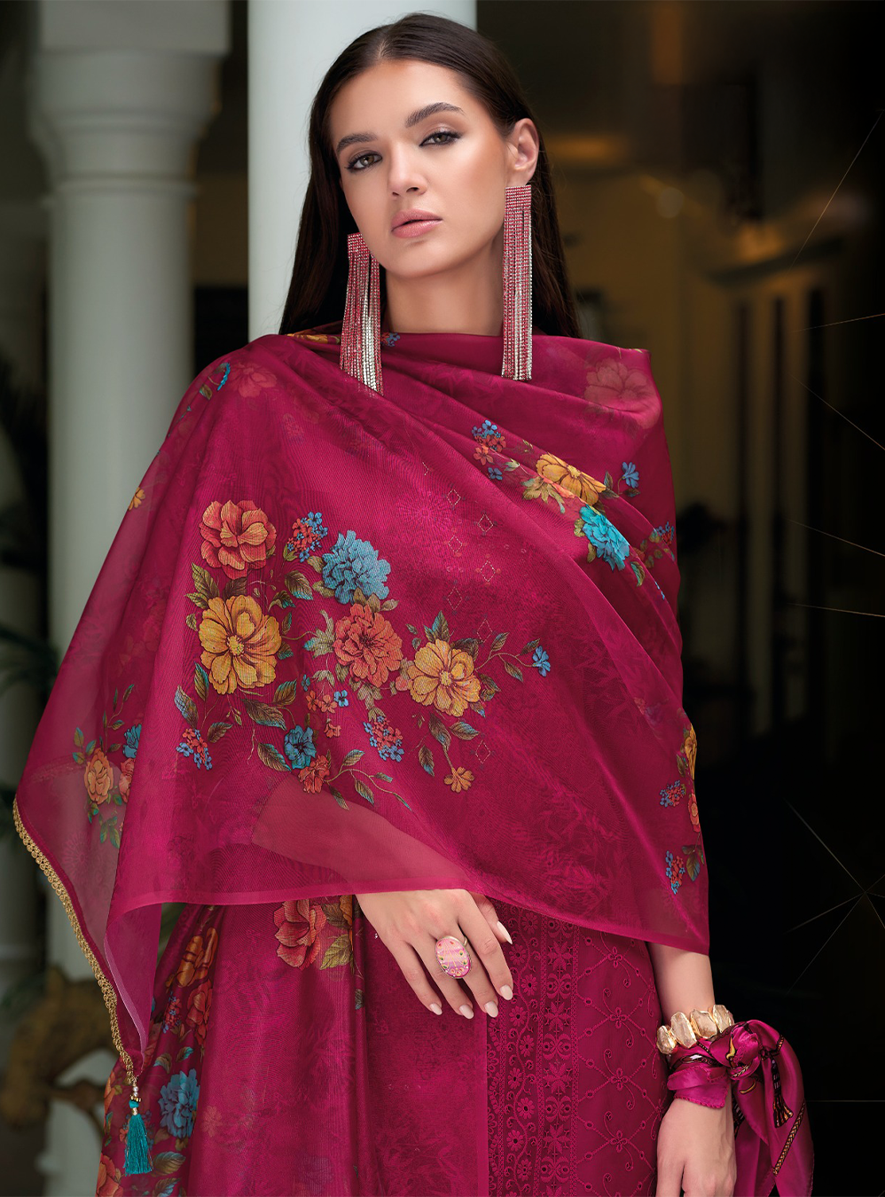 Magenta Pink Schiffli Embroidered Organza Chikankari Kurta With Trousers & Dupatta