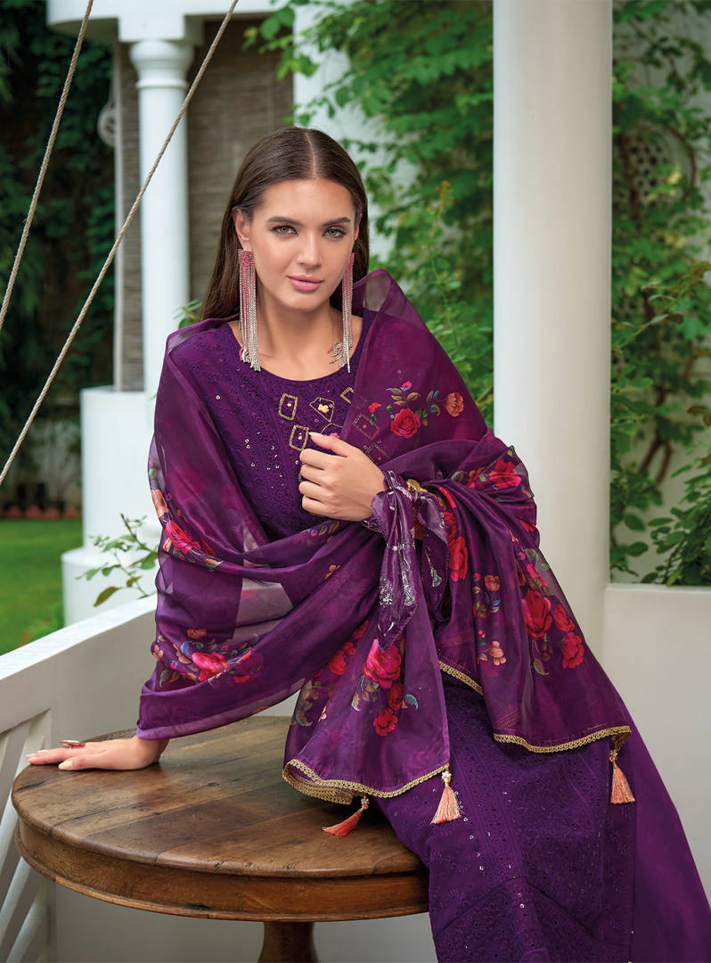 Purple Schiffli Embroidered Organza Chikankari Kurta With Trousers & Dupatta