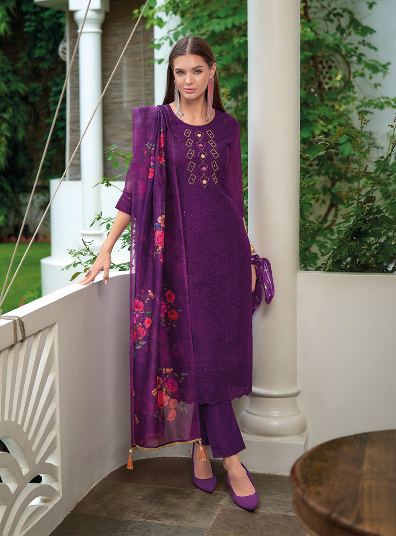 Purple Schiffli Embroidered Organza Chikankari Kurta With Trousers & Dupatta