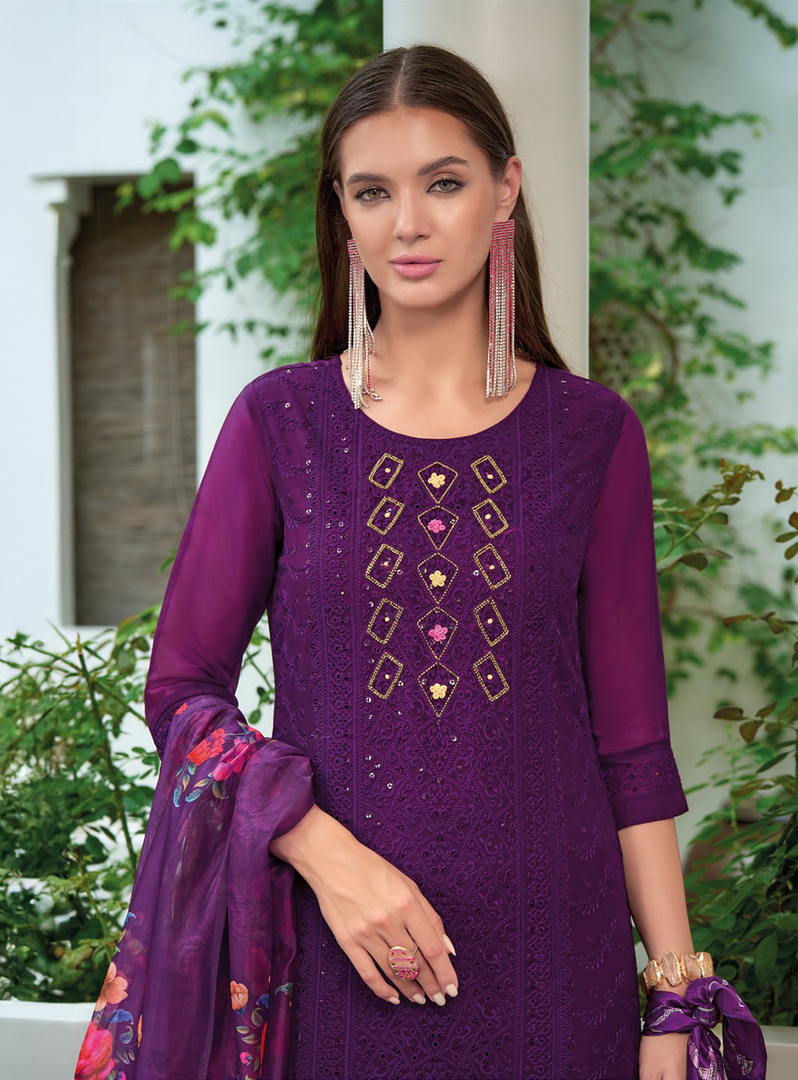 Purple Schiffli Embroidered Organza Chikankari Kurta With Trousers & Dupatta