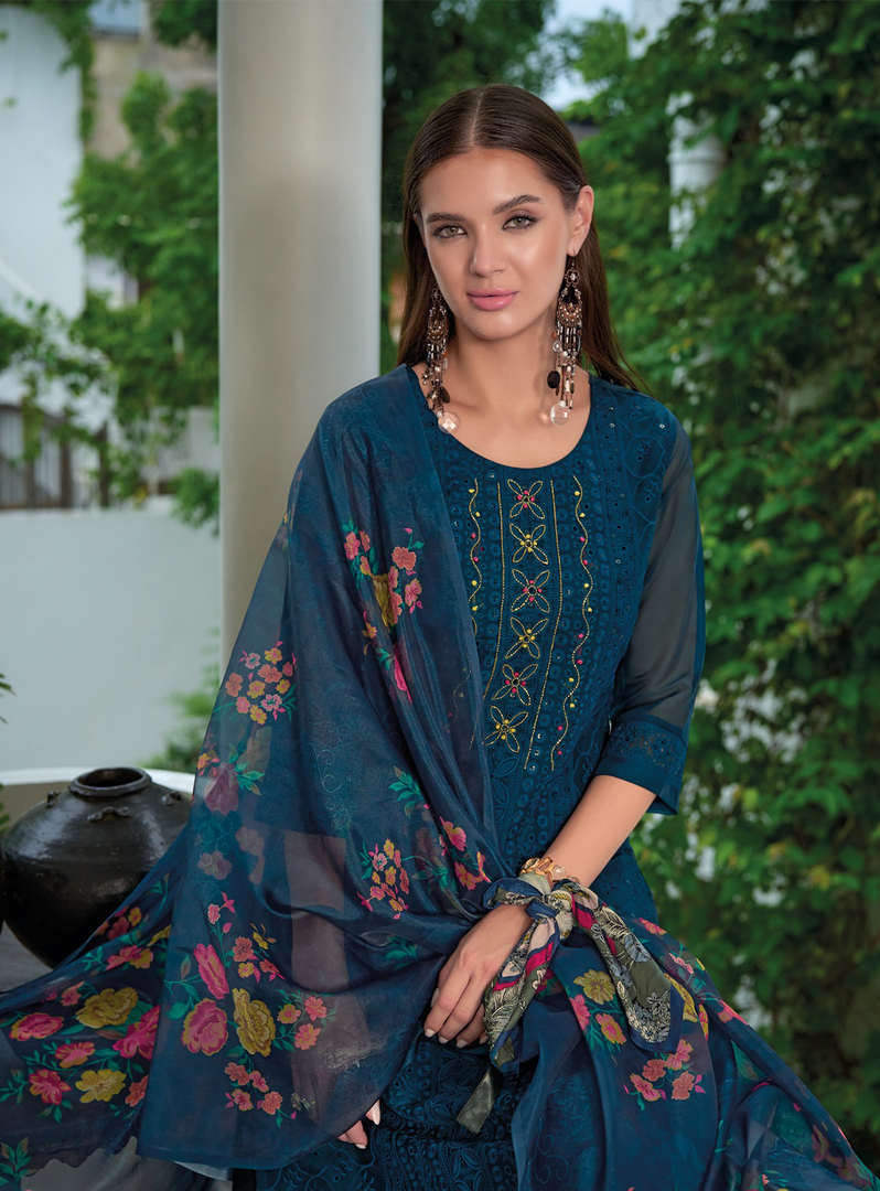 Teal Blue Schiffli Embroidered Organza Chikankari Kurta With Trousers & Dupatta