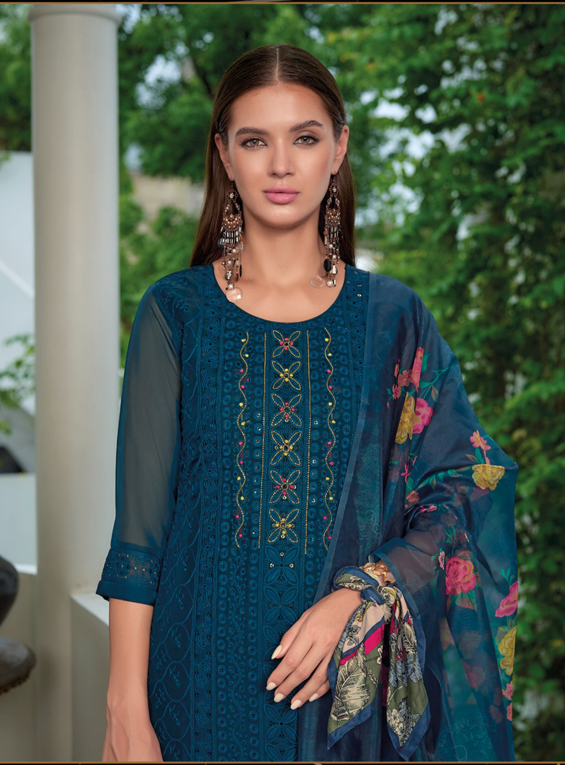 Teal Blue Schiffli Embroidered Organza Chikankari Kurta With Trousers & Dupatta