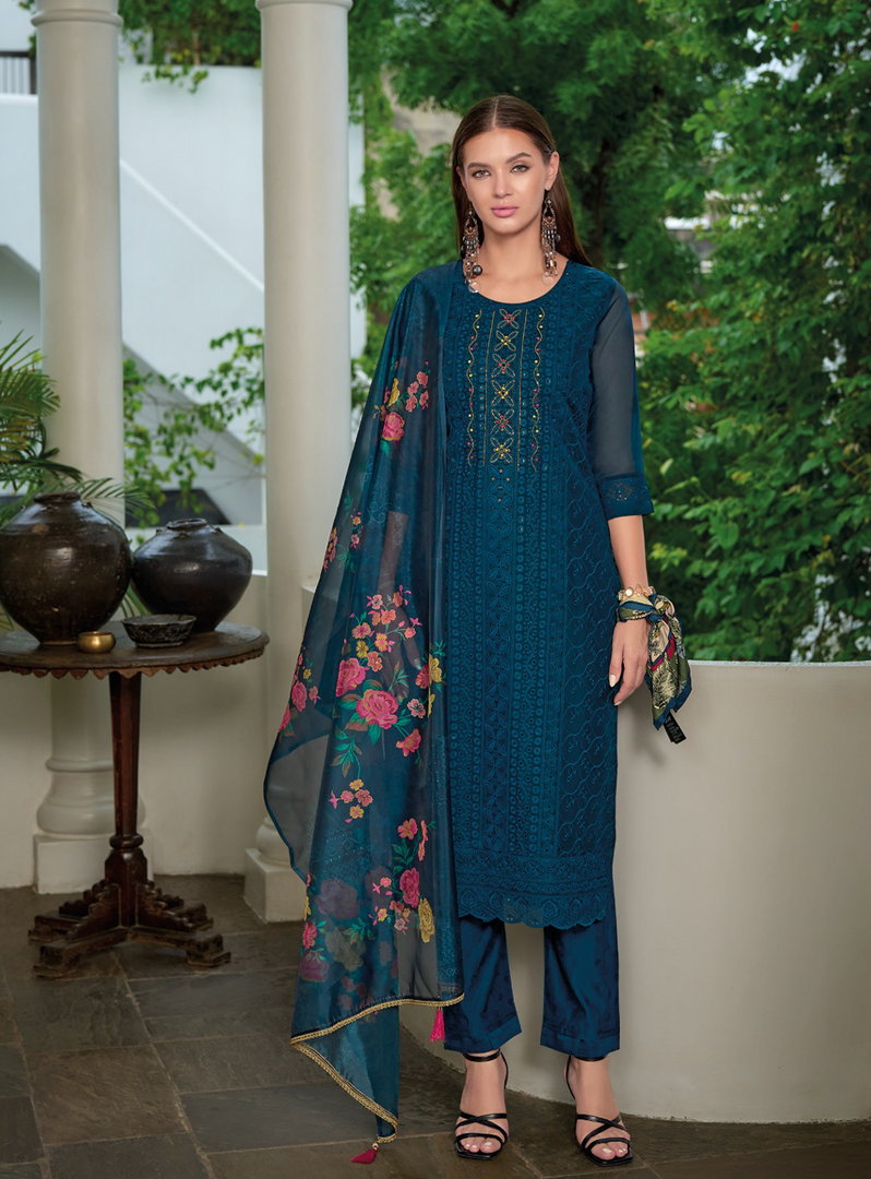 Teal Blue Schiffli Embroidered Organza Chikankari Kurta With Trousers & Dupatta