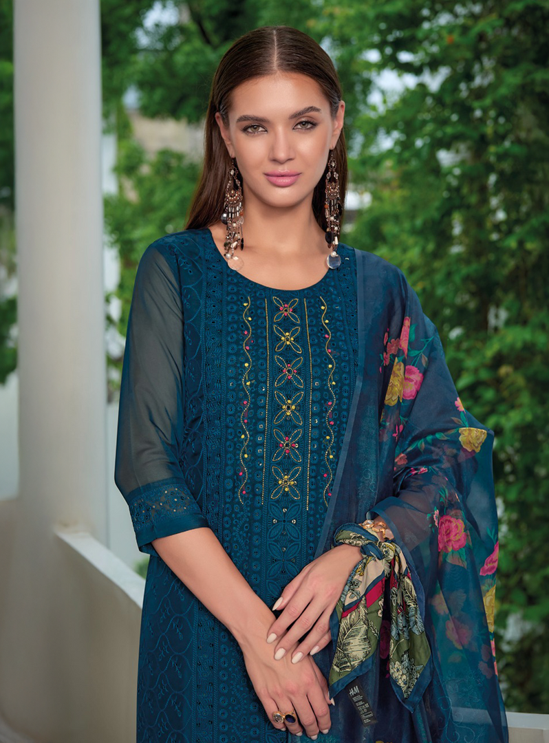 Teal Blue Schiffli Embroidered Organza Chikankari Kurta With Trousers & Dupatta