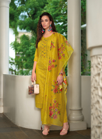 Load image into Gallery viewer, Yellow Schiffli Embroidered Organza Chikankari Kurta With Trousers &amp; Dupatta
