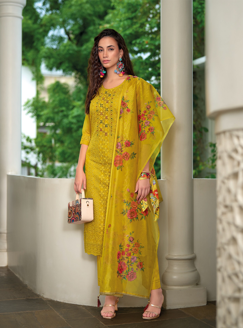 Yellow Schiffli Embroidered Organza Chikankari Kurta With Trousers & Dupatta