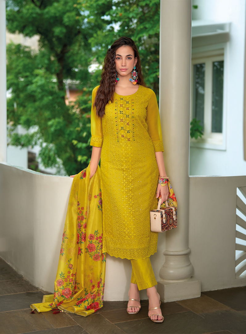 Yellow Schiffli Embroidered Organza Chikankari Kurta With Trousers & Dupatta