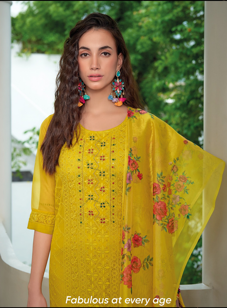 Yellow Schiffli Embroidered Organza Chikankari Kurta With Trousers & Dupatta