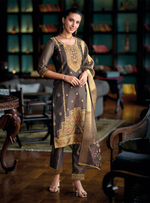 Load image into Gallery viewer, Coffee Brown Banarasi Kurta with gold embellishments and floral dupatta
