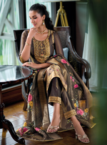 Load image into Gallery viewer, Coffee Brown Banarasi Kurta with gold embellishments and floral dupatta
