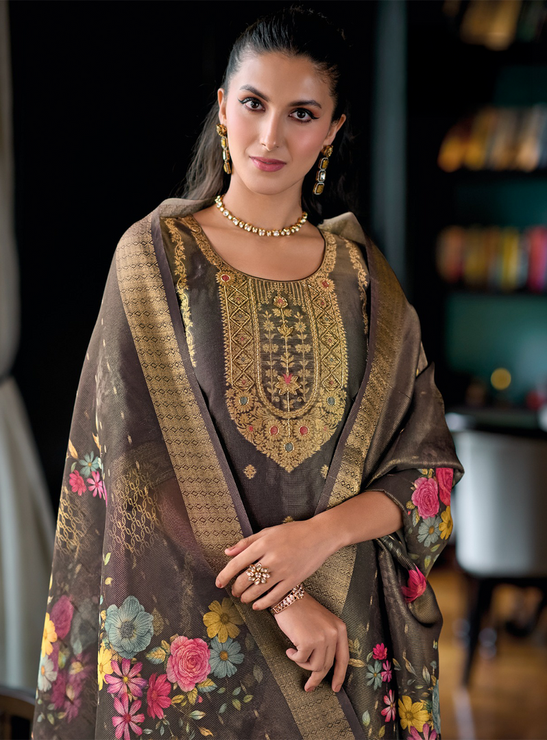 Coffee Brown Banarasi Kurta with gold embellishments and floral dupatta