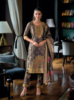 Load image into Gallery viewer, Coffee Brown Banarasi Kurta with gold embellishments and floral dupatta
