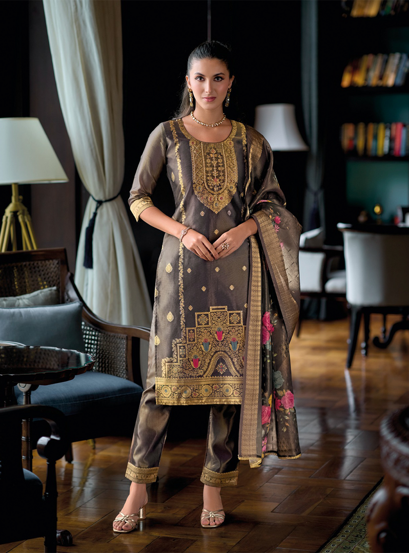 Coffee Brown Banarasi Kurta with gold embellishments and floral dupatta