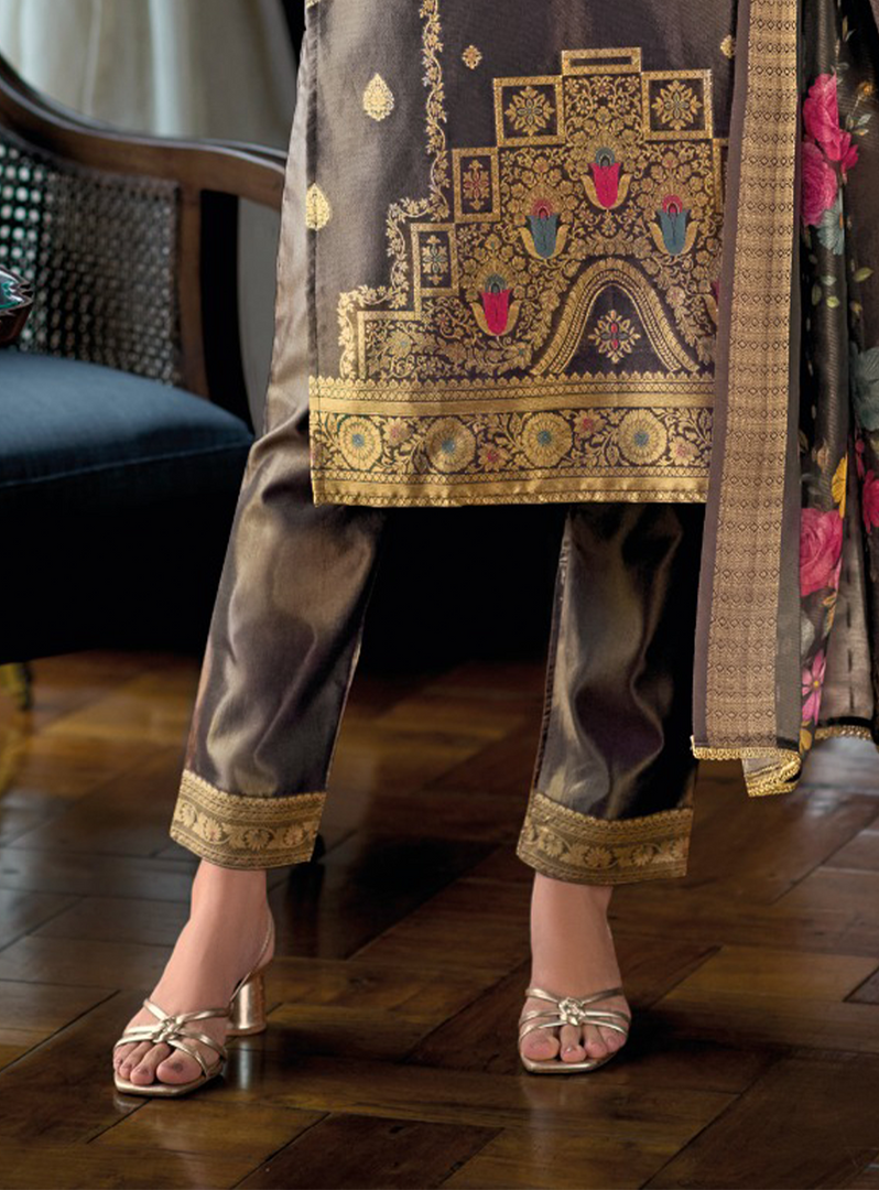 Coffee Brown Banarasi Kurta with gold embellishments and floral dupatta